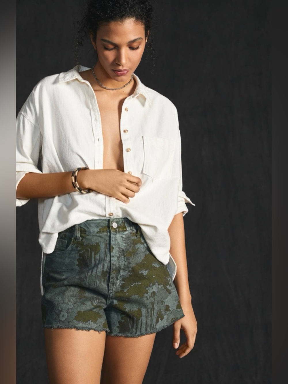Anthropologie High-Waist Patterned Denim Shorts — Olive Green & Teal